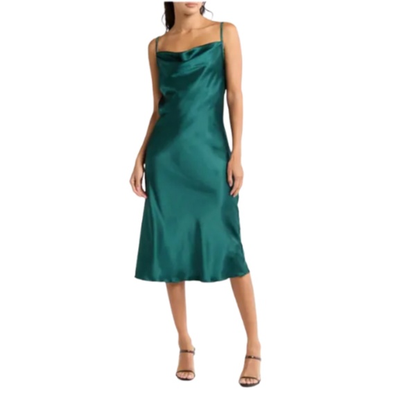 Bebe Teal Satin Slip Dress Sz M Cowl Neck Midi Dopamine Soft Glam Cocktail - Picture 1 of 10